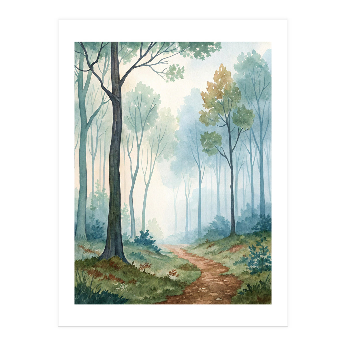 Ethereal Misty Forest Watercolor Art Print (Print Only)