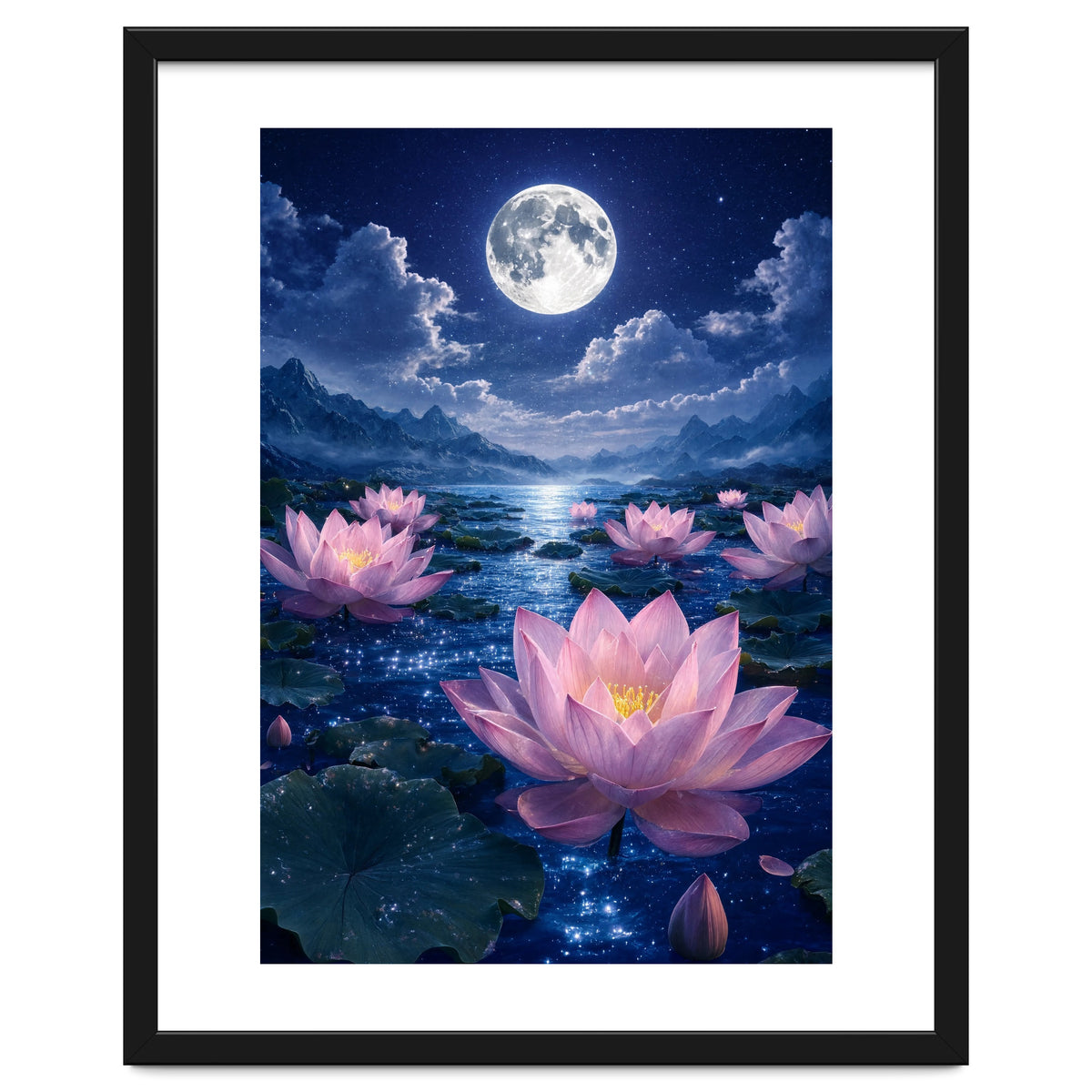 Moonlit Lotus Pond: Serene Nighttime Floral Landscape