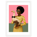 Stylish Woman Holding Goose In Striped Dress thumbnail