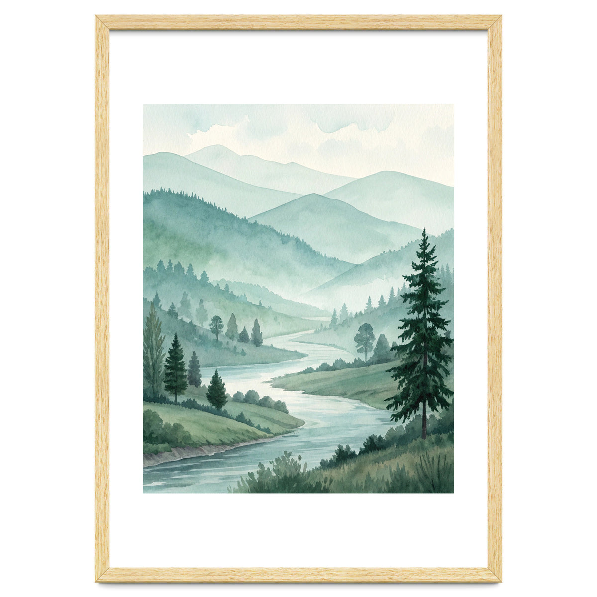 Serene Misty Mountain Valley Watercolor Painting