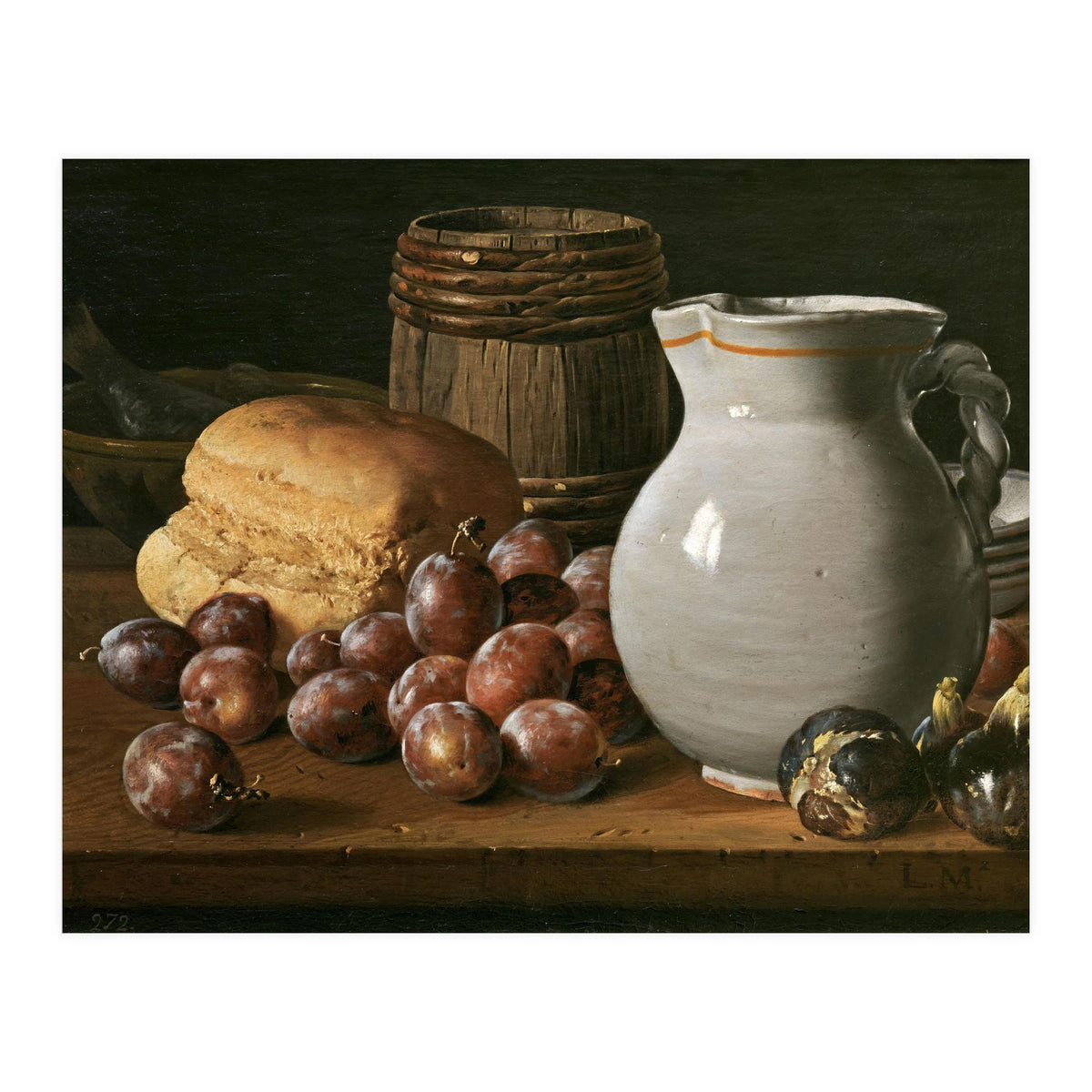 Luis Egidio Meléndez / 'Still Life with Plums, Figs, Bread and Fish', 18th century, Spanish School. (Print Only)