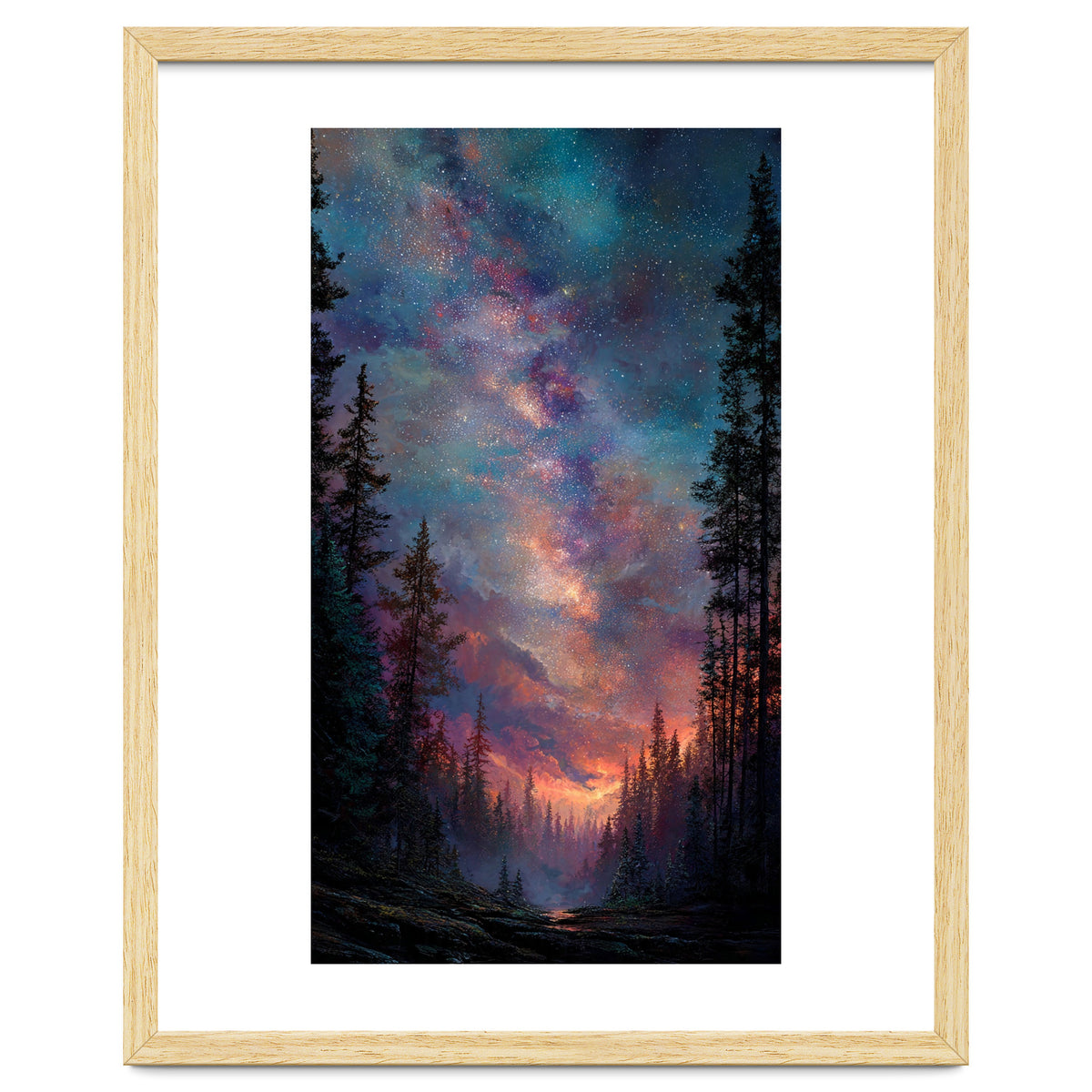 Magical Milky Way Night Sky over Pine Forest Silhouette Art