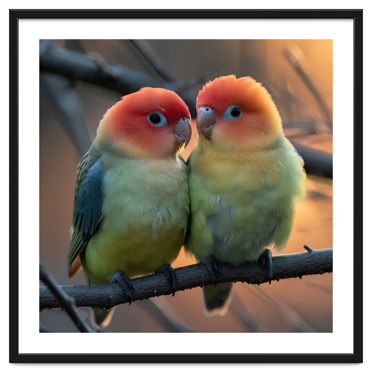 Two Lovebirds Perched On A Branch At Sunset