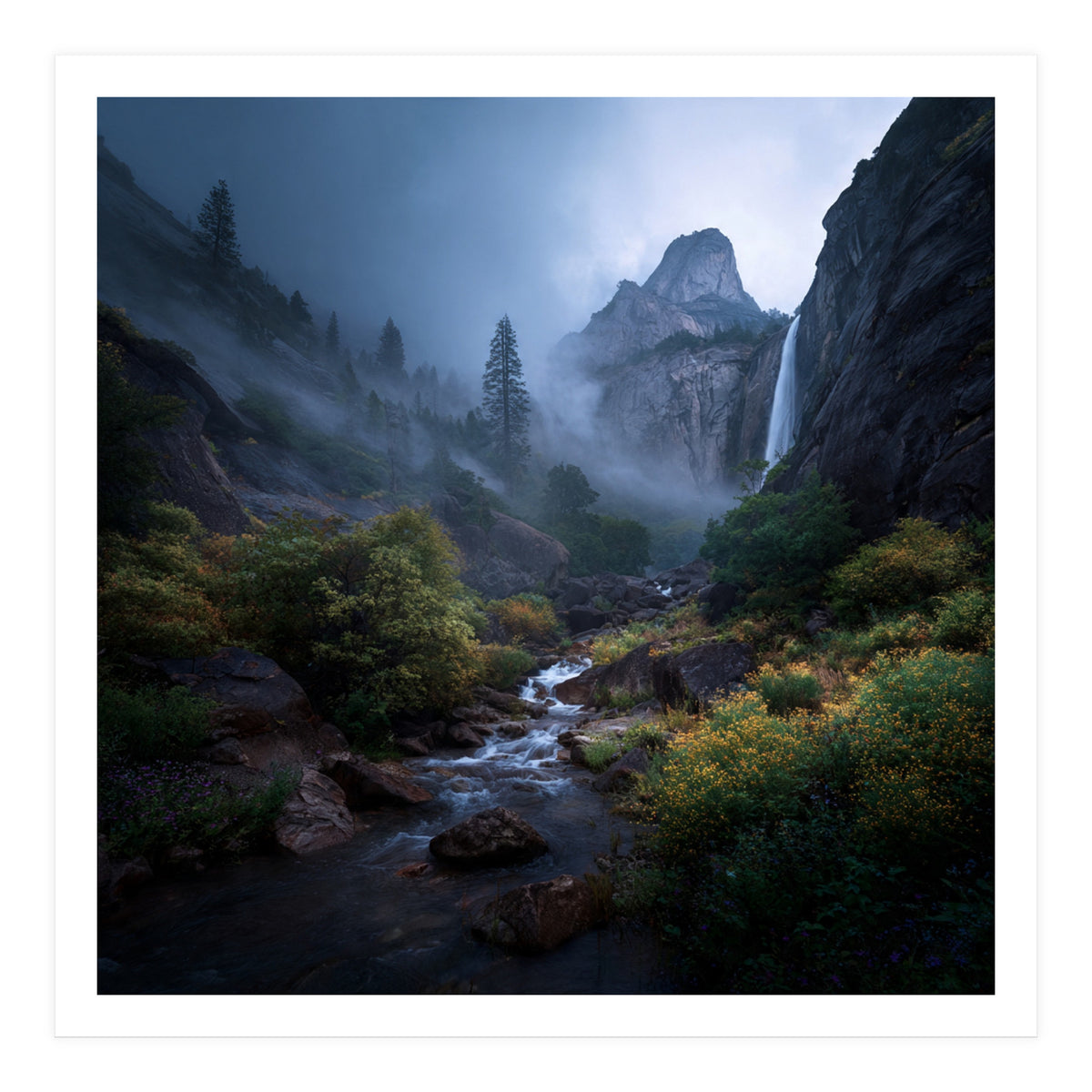 Majestic Misty Mountain Valley with Cascading Waterfall (Print Only)