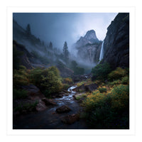 Majestic Misty Mountain Valley with Cascading Waterfall (Print Only)