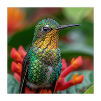 Close Up Of A Hummingbird On Red Flowers (Print Only)