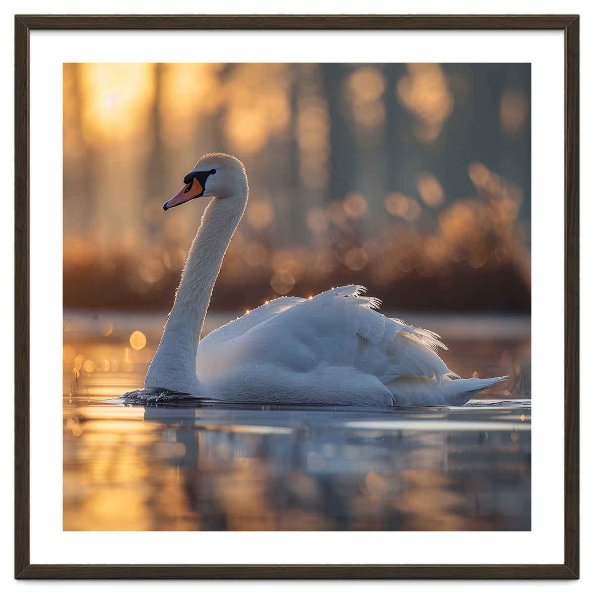 Majestic Swan Gliding On Water At Sunset
