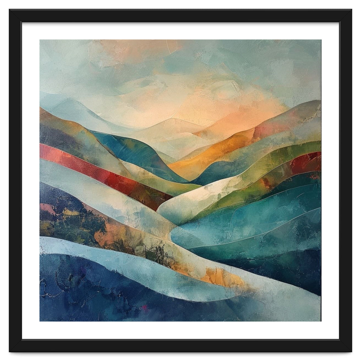 Abstract Mountain Landscape Painting with Textured Rolling Hills