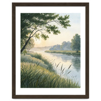Serene River Sunrise Watercolor Painting with Meadow Grasses and Warm Golden Atmosphere Landscape