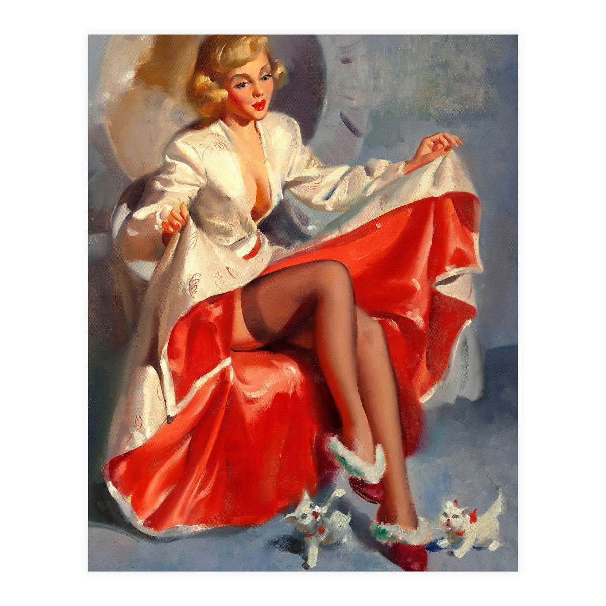 Pinup Girl Playing With Two Little Cats (Print Only)