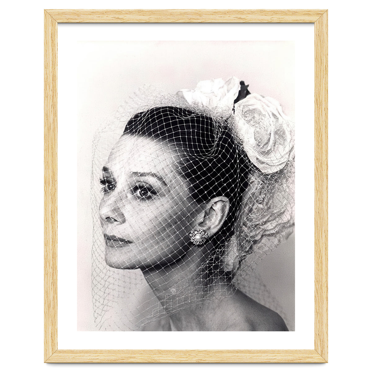 Audrey Hepburn with Veil, Classic Hollywood Glamour Photography, Black and White Icon Portrait