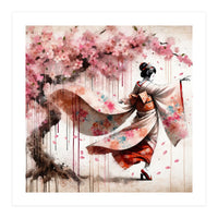 Geisha Under Cherry Blossoms In Motion (Print Only)