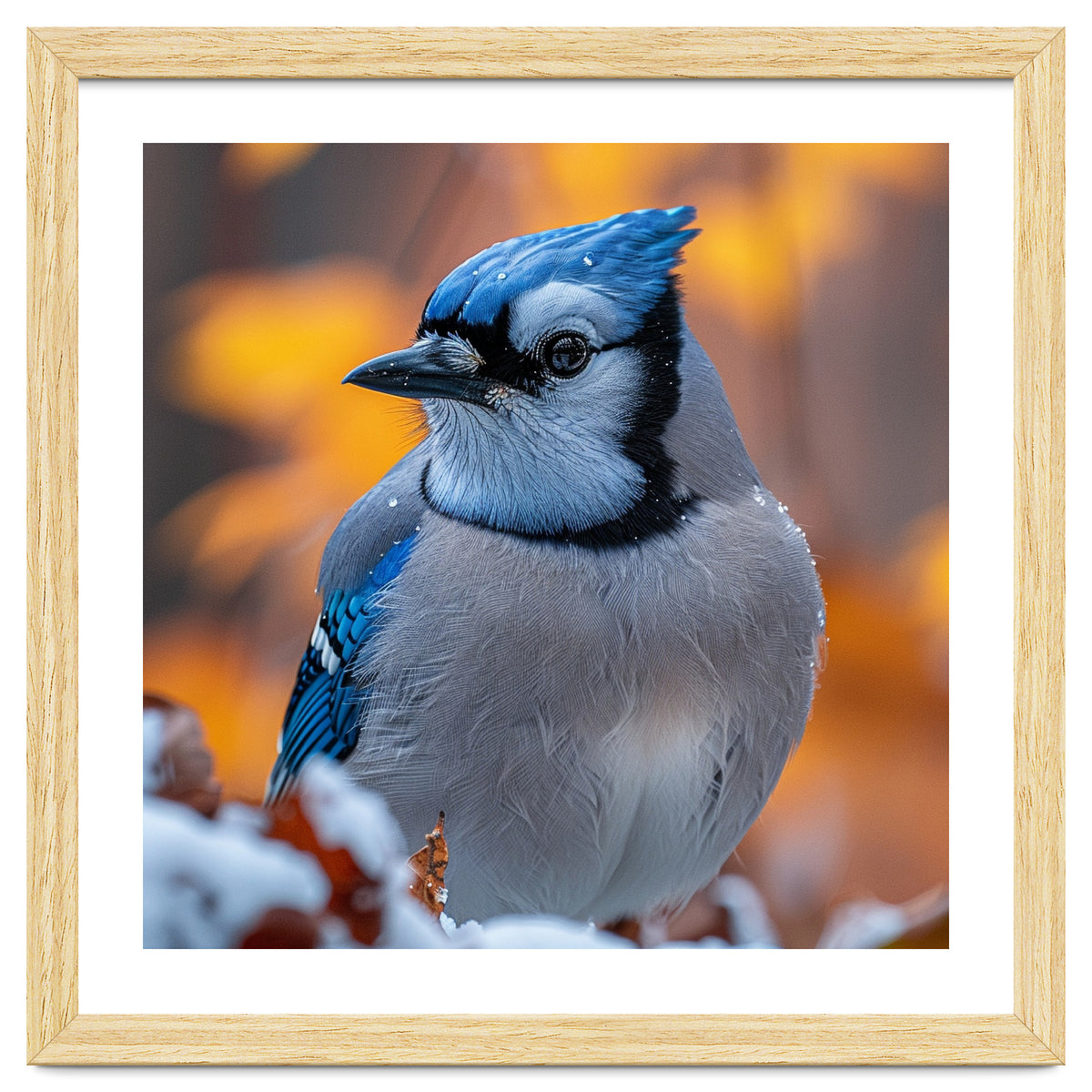 Blue Jay Bird In Winter Snowfall And Leaves