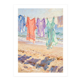 Laundry Drying by the Sea, Colorful Clothes on a Beach Clothesline, Coastal Summer Pastel Painting, Relaxing Ocean Shore Art Print (Print Only) thumbnail