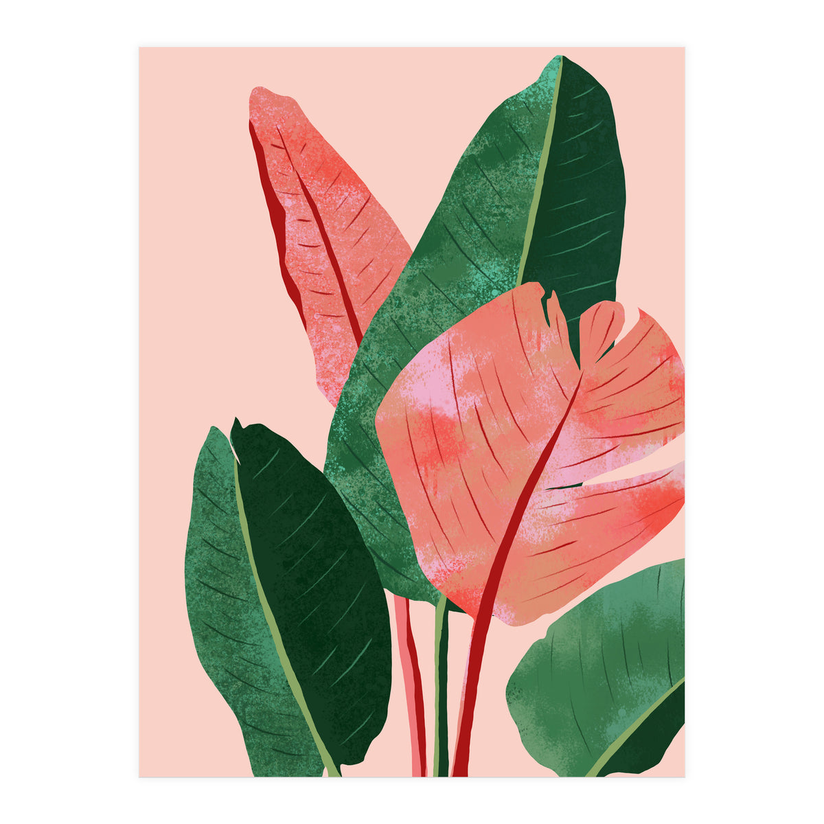 Blush Tropical, Banana Leaves Watercolor Botanical Jungle Painting, Forest Plants Leaves Pink Chic Bohemian (Print Only)