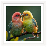 Two Lovebirds Perched On A Branch In Rain