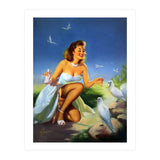 Beautiful Pinup Girl Feeding White Pigeons (Print Only) thumbnail
