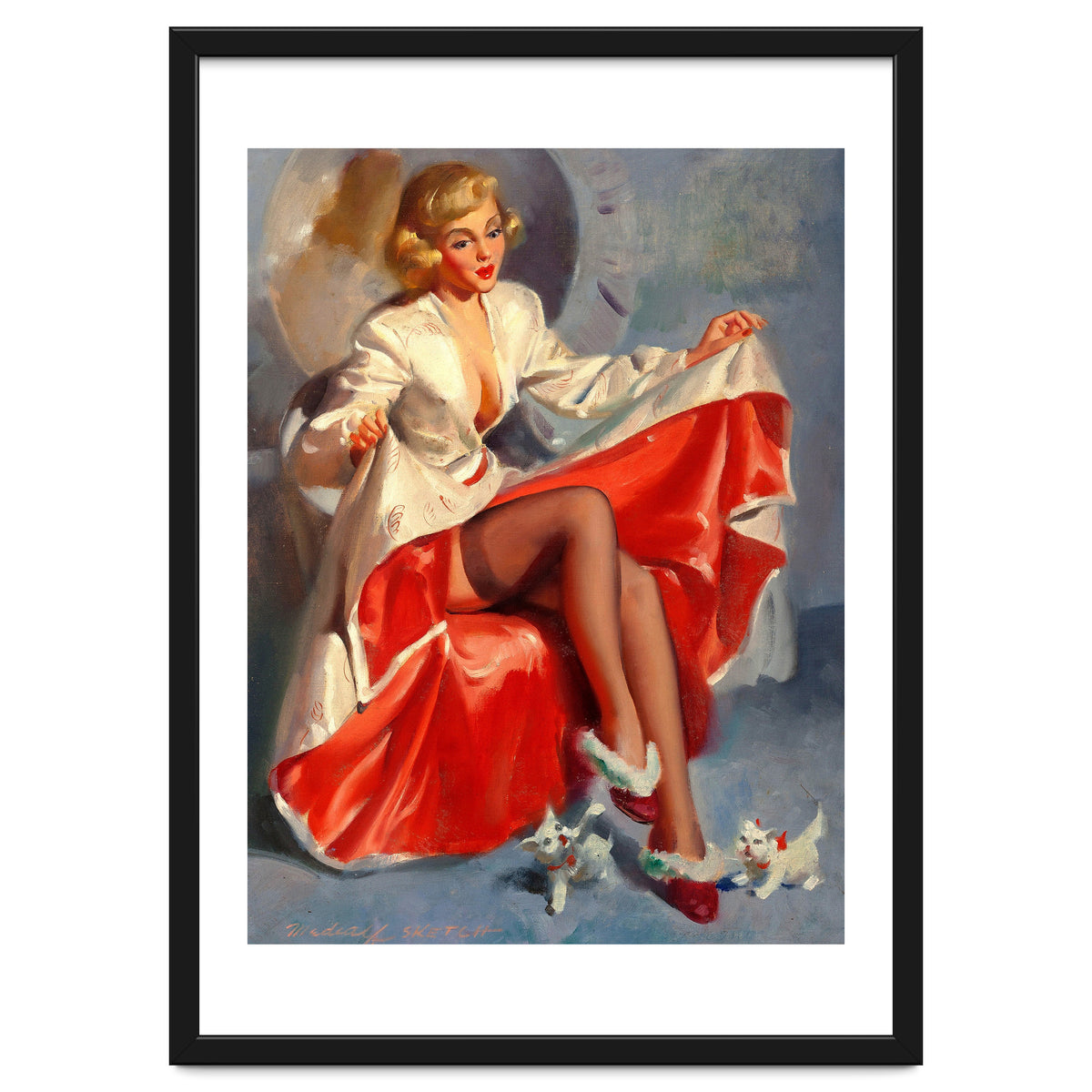 Pinup Girl Playing With Two Little Cats