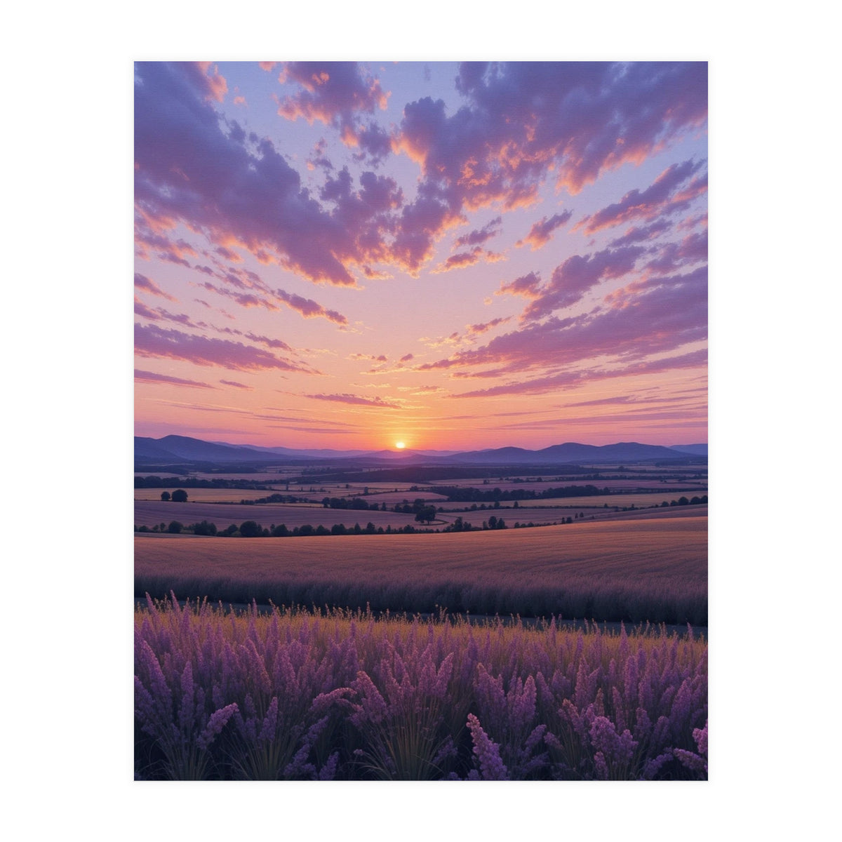 Serene Lavender Fields at Golden Hour Sunset (Print Only)