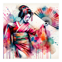 Vibrant Geisha With Rainbow Hand Fan (Print Only)