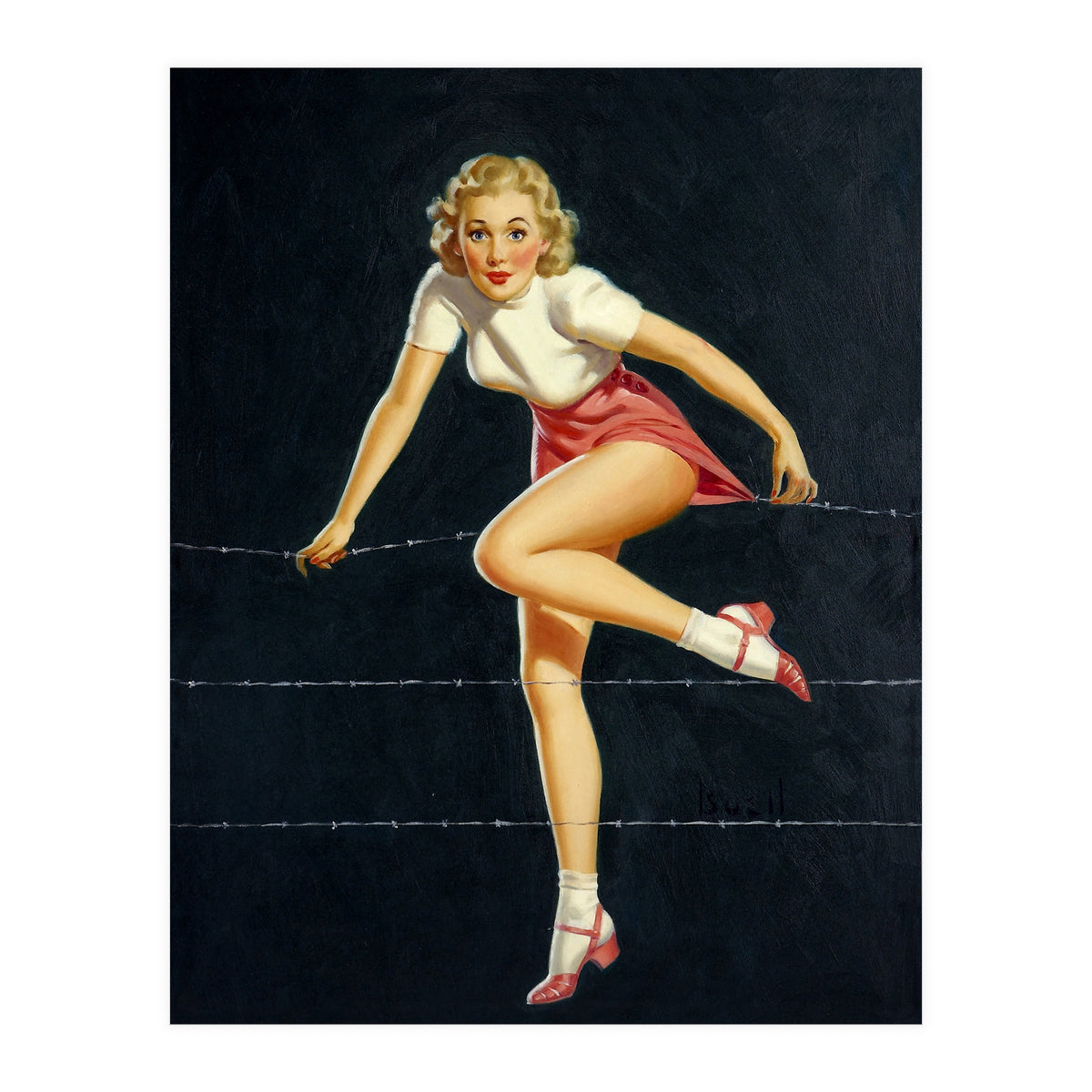 Pinup Girl Crossing The Barbed Wire (Print Only)