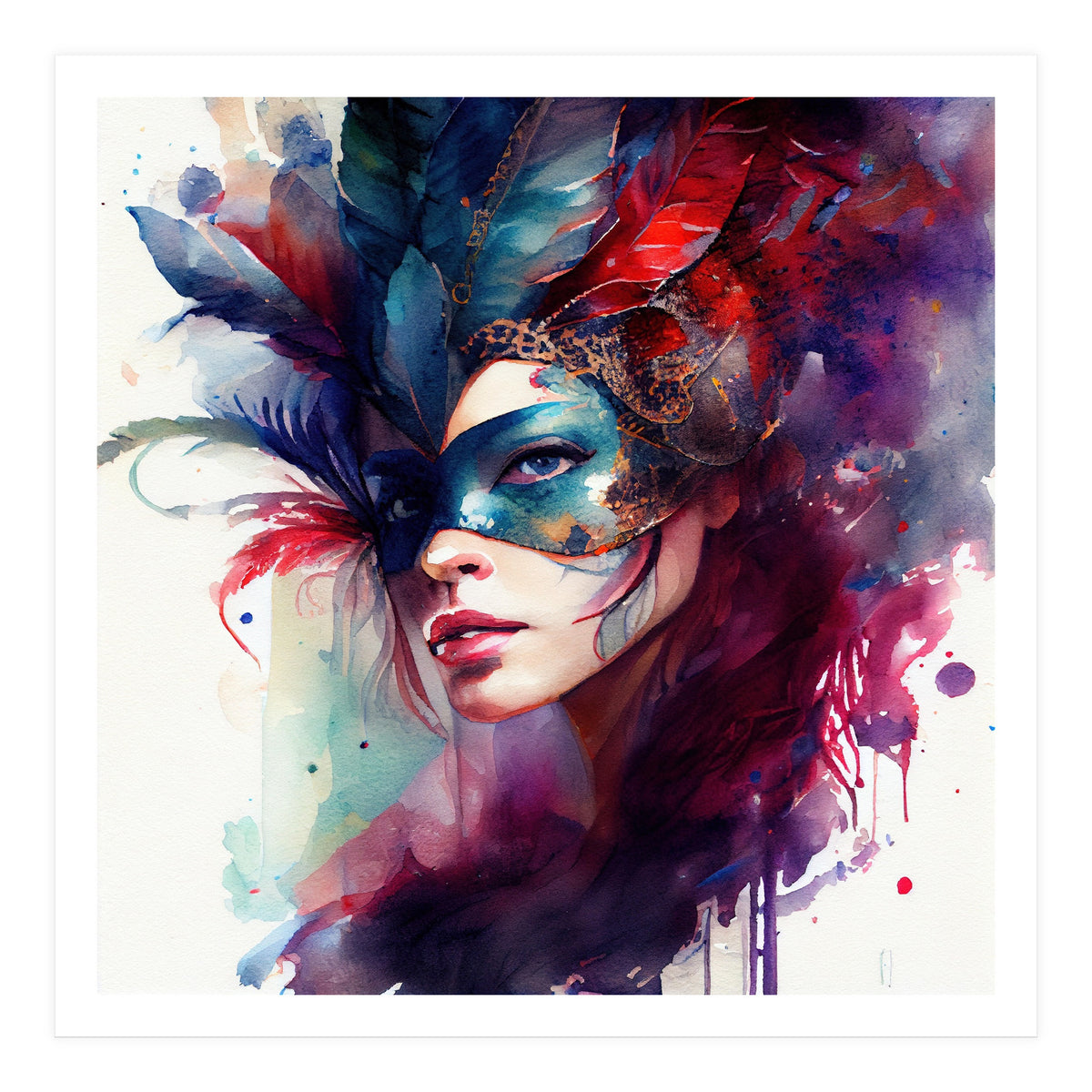 Turquoise Feathered Carnival Mask Portrait (Print Only)