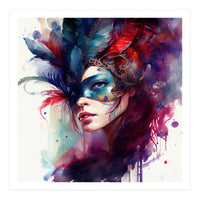 Turquoise Feathered Carnival Mask Portrait (Print Only)