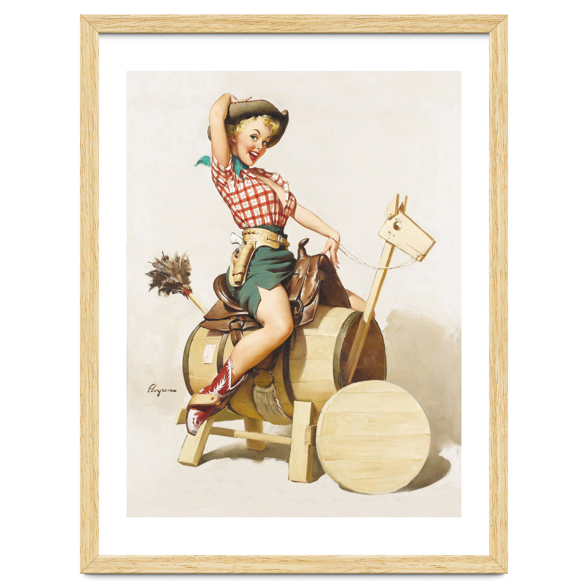 Pinup Cowgirl Riding A Wooden Horse Made Of Barrel