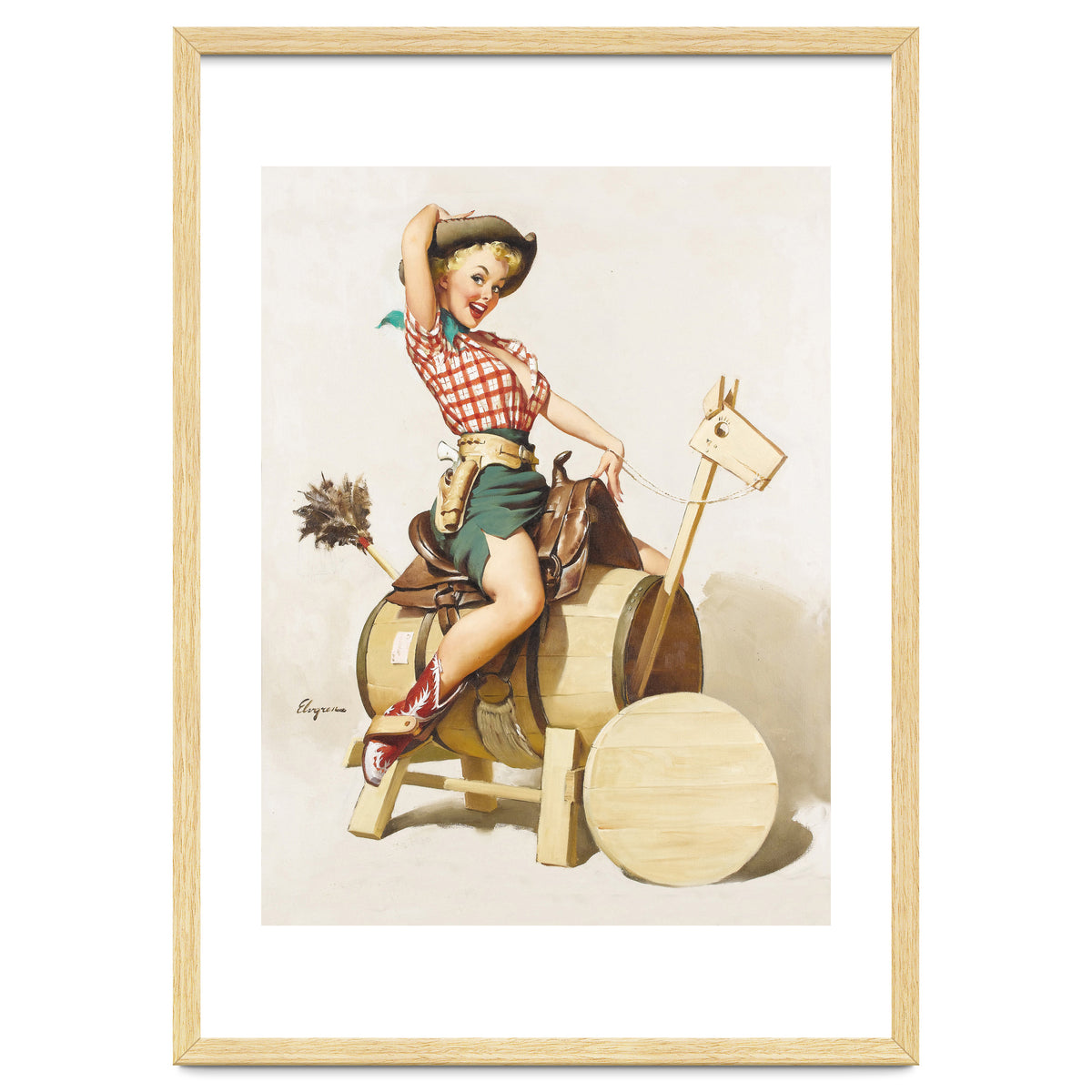 Pinup Cowgirl Riding A Wooden Horse Made Of Barrel