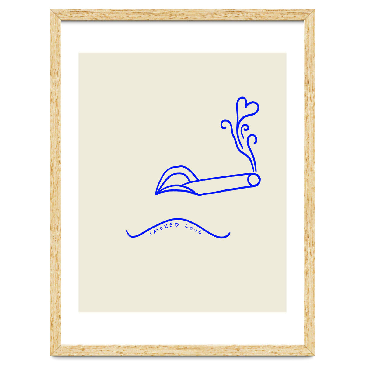 Smoked Love, Line Art Drawing Sketch, Minimalism Doodle Woman Cigarette Cigar Smoke, Eclectic Bohemian Framed