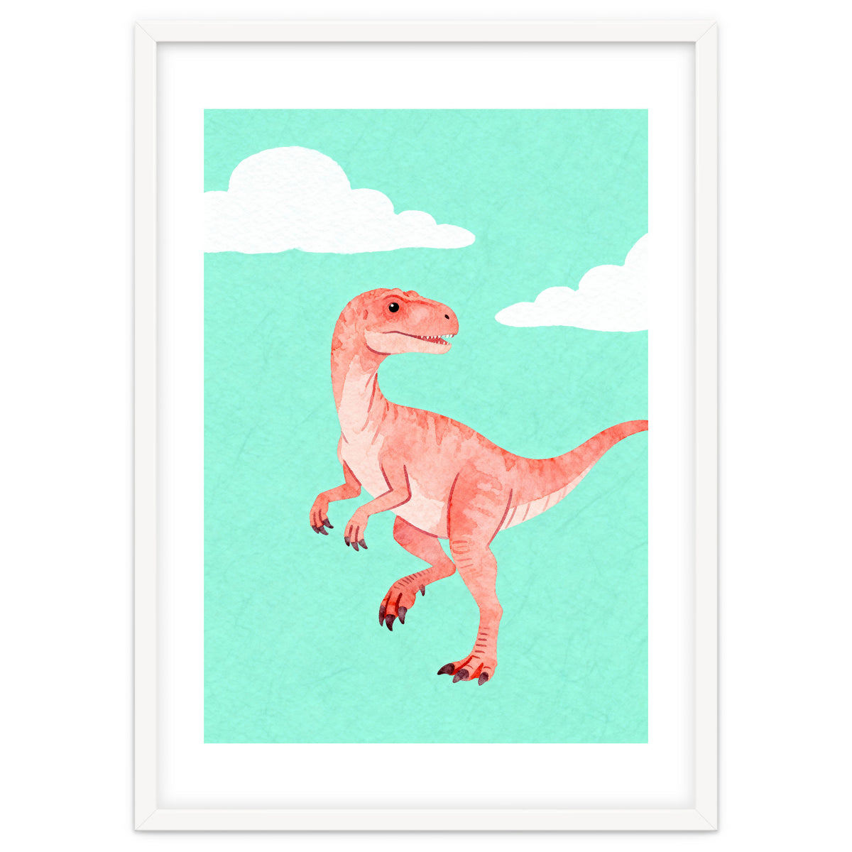Velociraptor Watercolor Art, Cute Dino Nursery Print, Whimsical Dinosaur Illustration