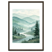 Serene Misty Mountain Valley Watercolor Painting