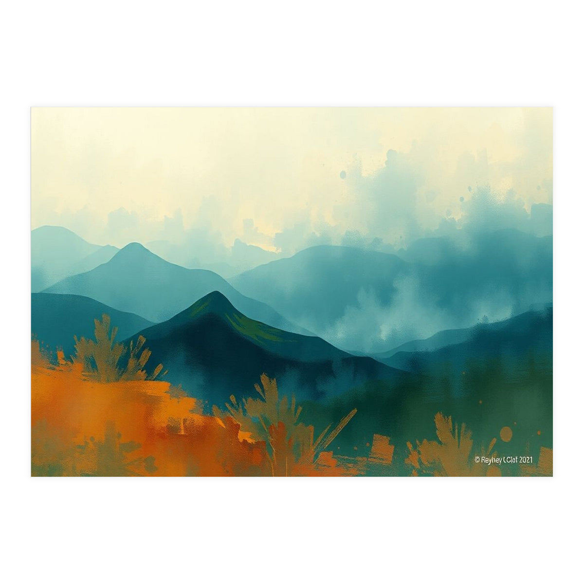 Long Title Misty Blue Mountain Range Landscape (Print Only)