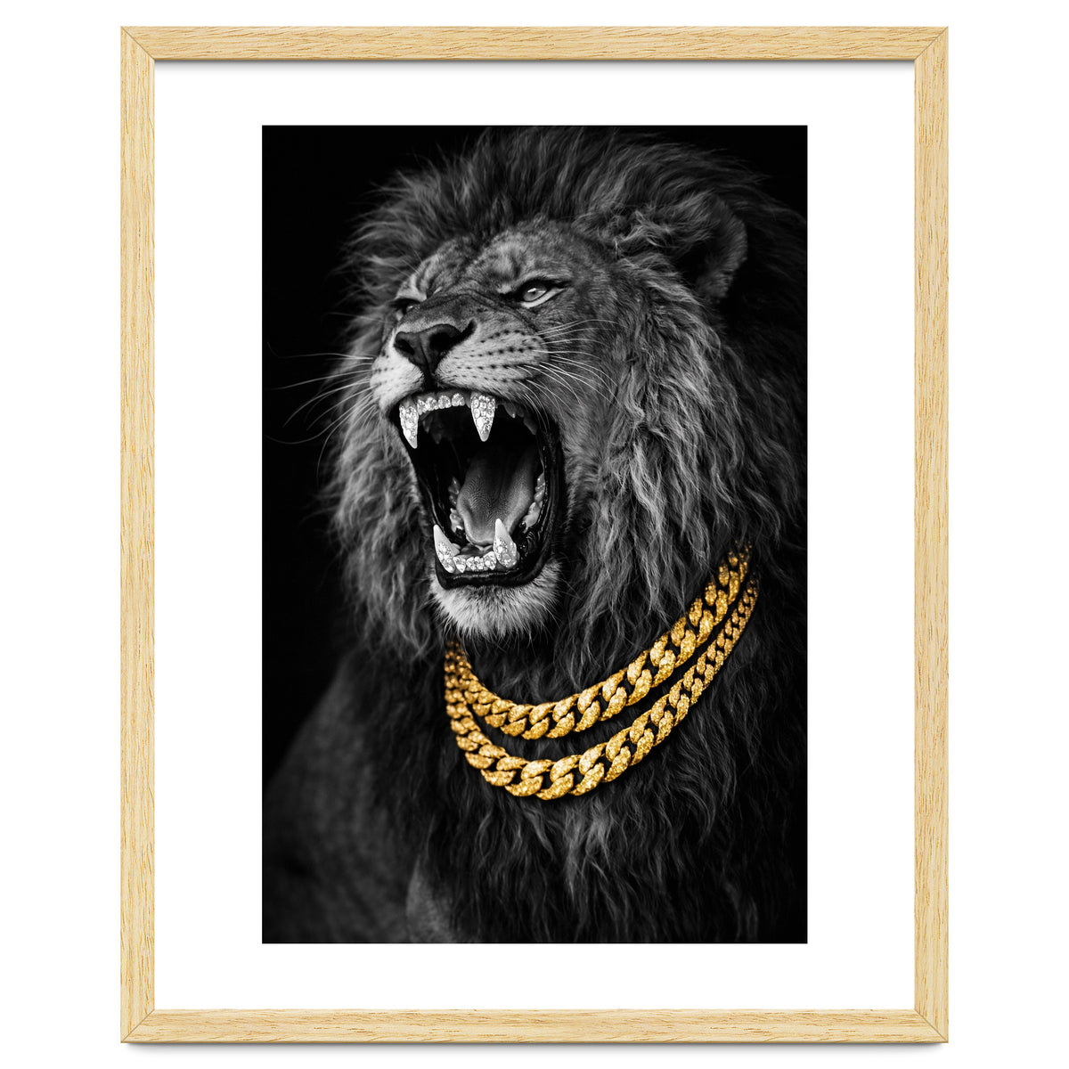 Bejweled hyper-realistic lion photography,diamond fangs portrait