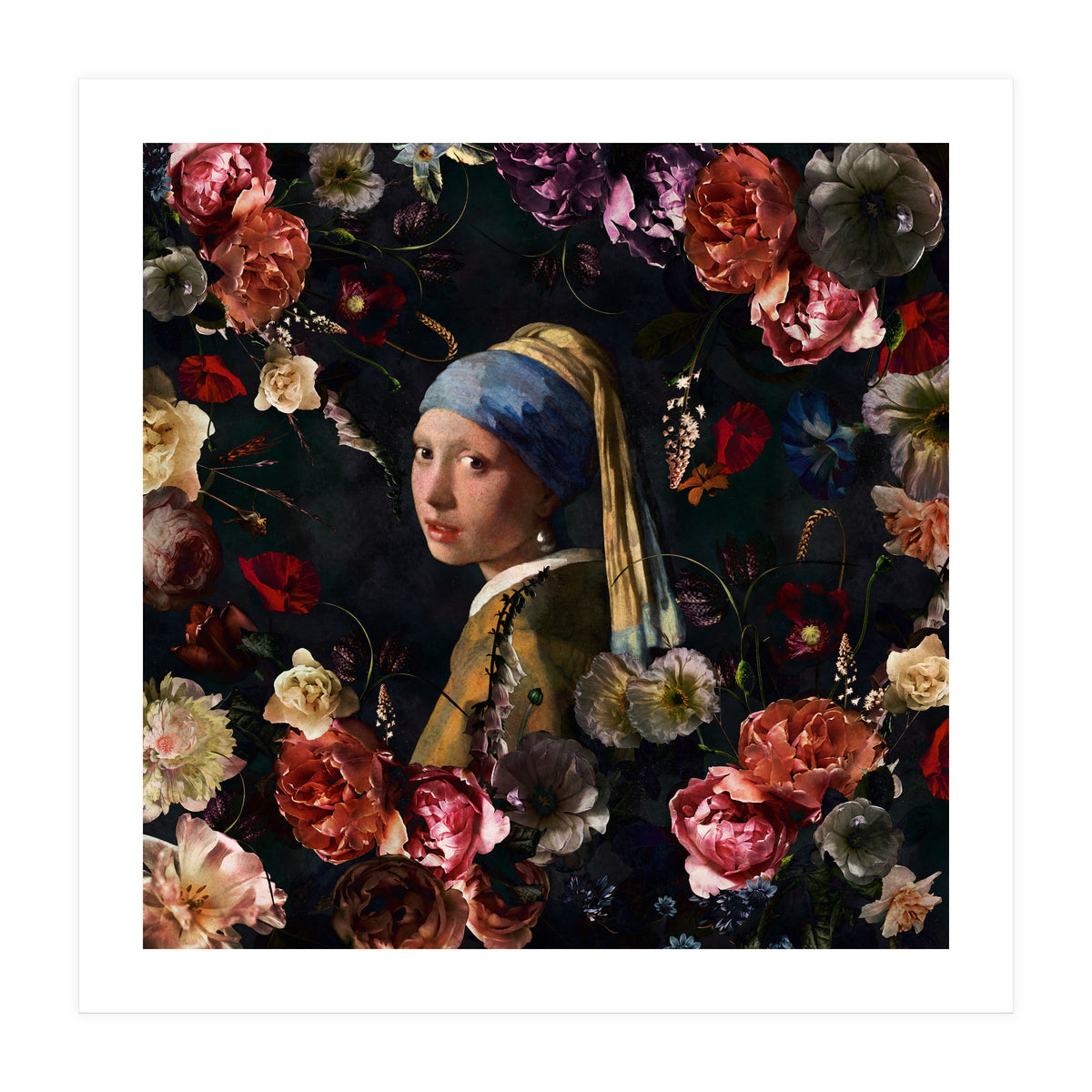 Girl With Pearl Earring And Flowers (Print Only)