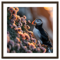 Puffin Bird On Rocks Near Pink Flowers At Sunset