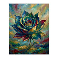 Enchanted Teal and Gold Rose Impasto Oil Painting (Print Only)