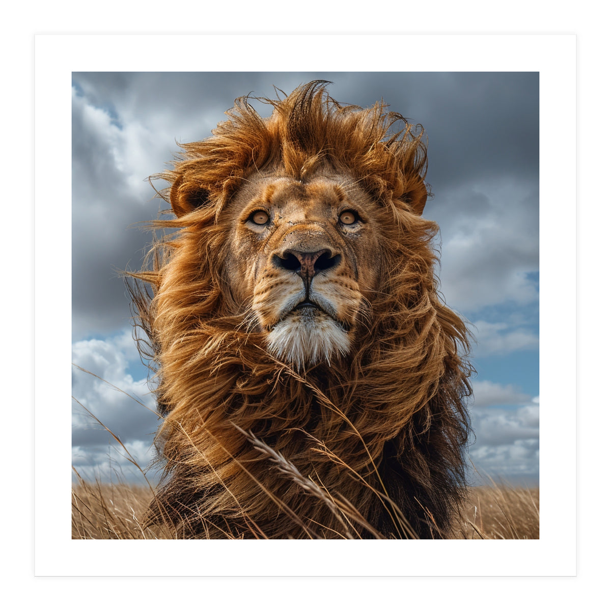 Majestic Lion Portrait Windblown Mane Outdoors (Print Only)