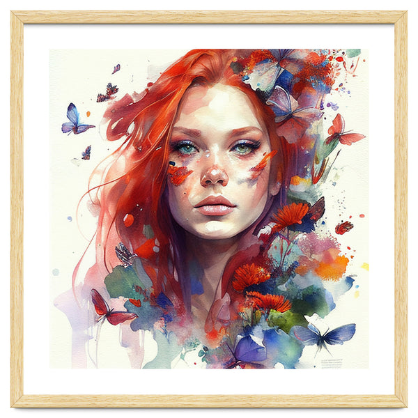 Watercolor Floral Red Hair Woman #9