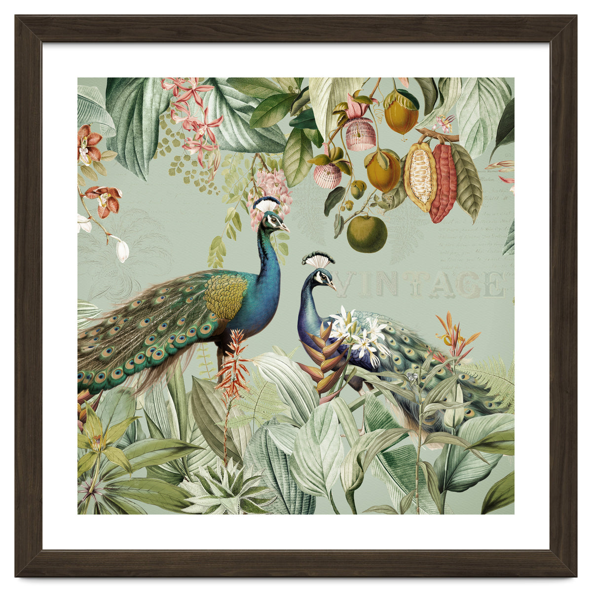Vintage Exotic Asian Peacocks In Tropical Jungle Landscape