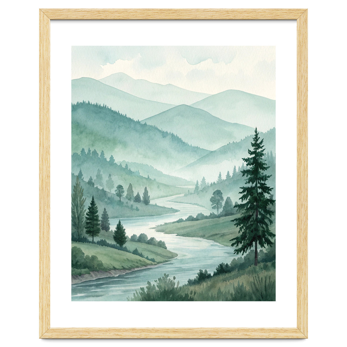 Serene Misty Mountain Valley Watercolor Painting