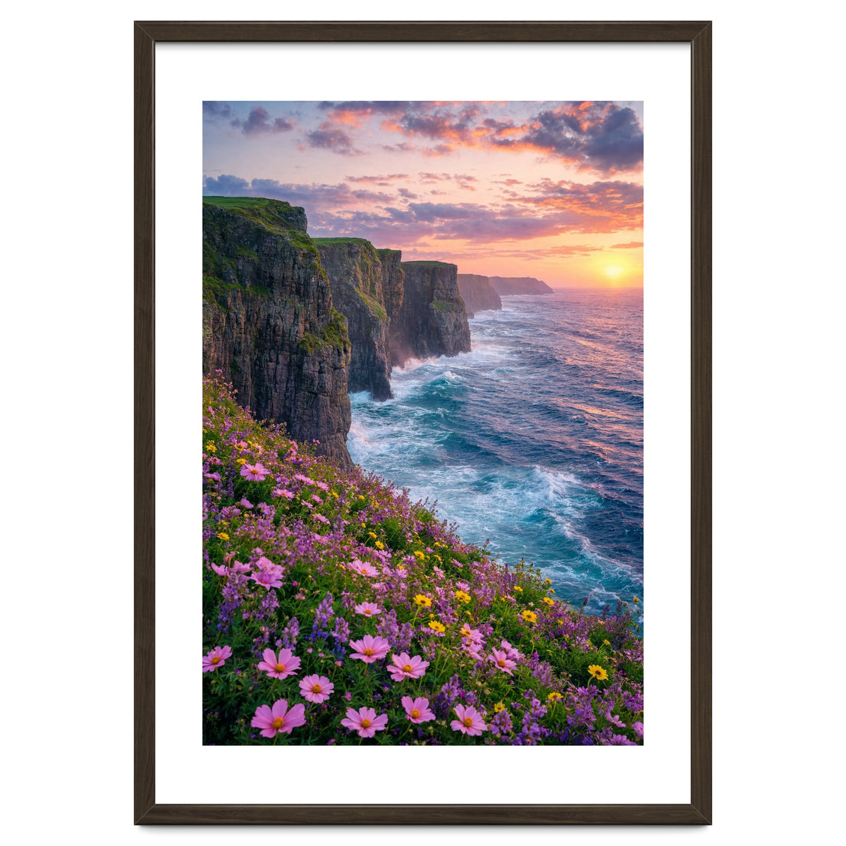 Coastal Sunset Wildflowers: Dramatic Ocean Cliffs and Floral Meadow