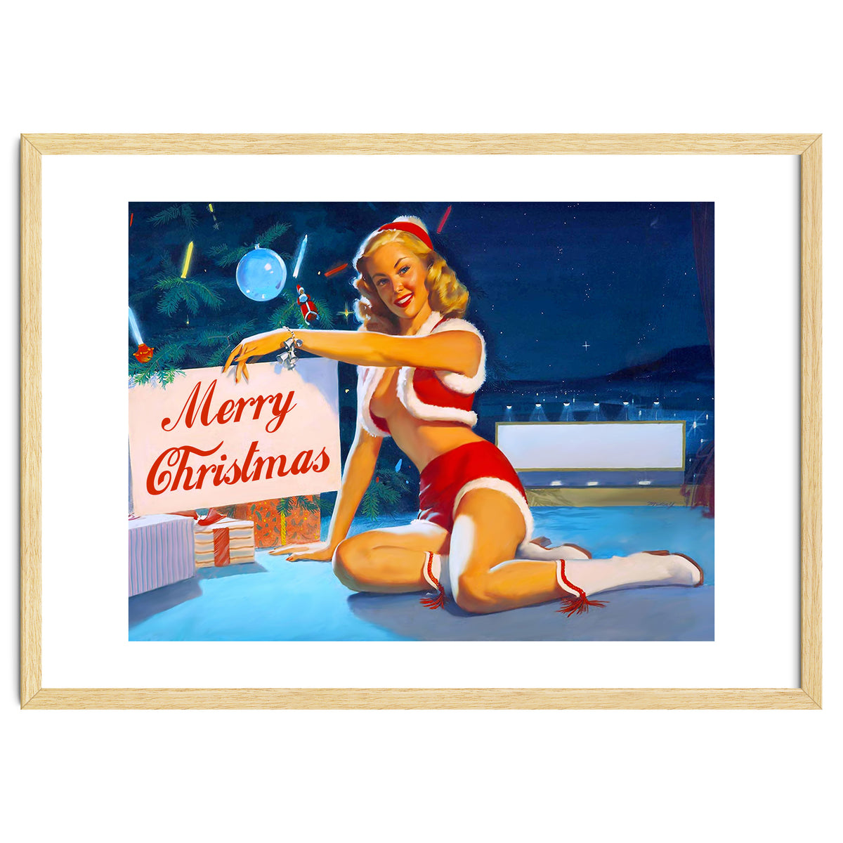 Pinup Girl In Santa Costume With Marry Christmas Sign