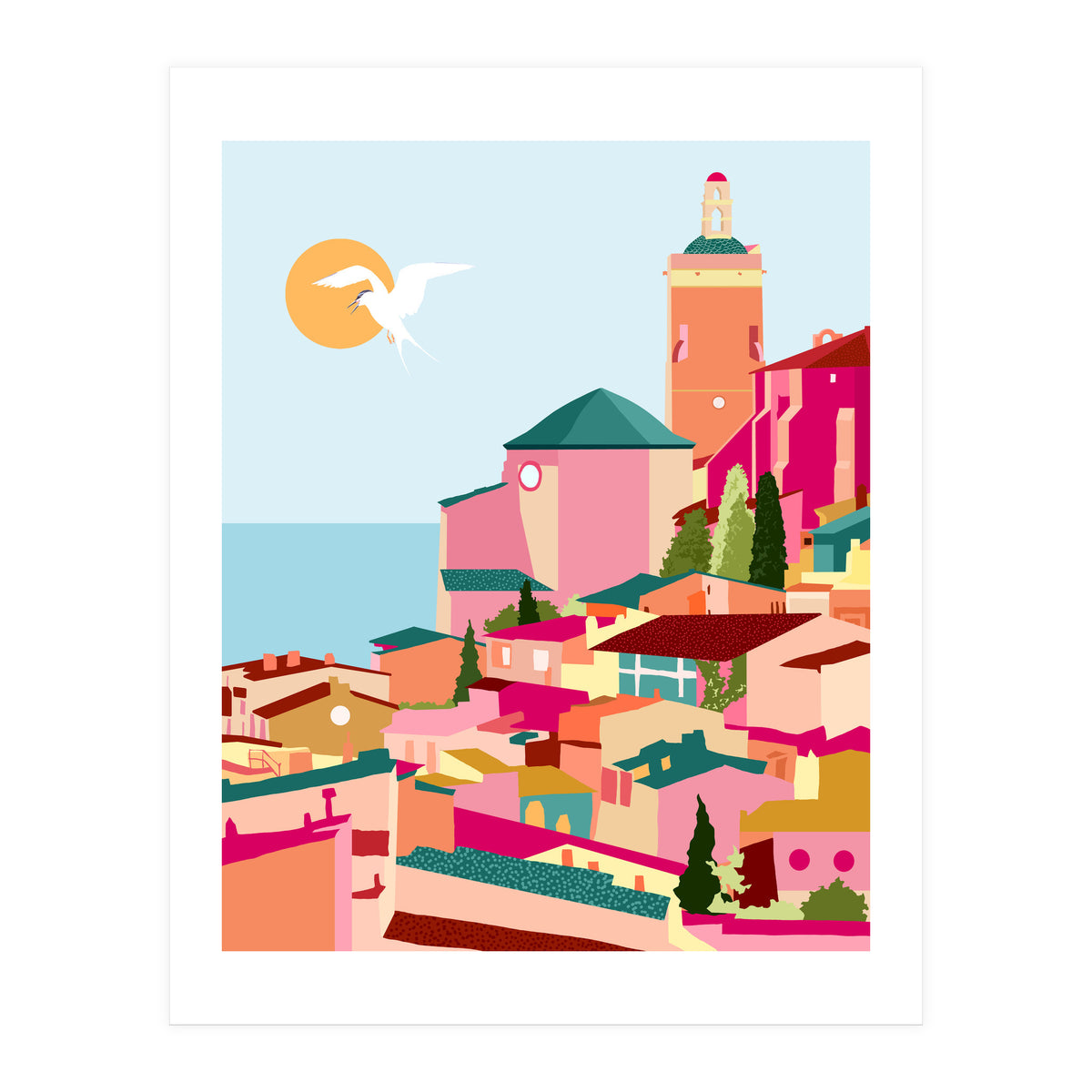 Crimson Rouge, Colorful Architecture Buildings, Greece Cityscape Skyline, Seagull Travel Summer Eclectic Bohemian Pop Of Color Positivity (Print Only)