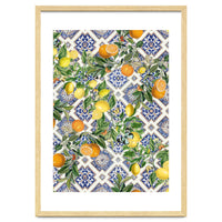 Blue Mediterranean tiles, lemons and oranges fruit