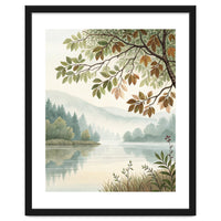 Tranquil Lakeside Forest Watercolor Painting with Overhanging Autumn Branches and Misty Mountain Reflection