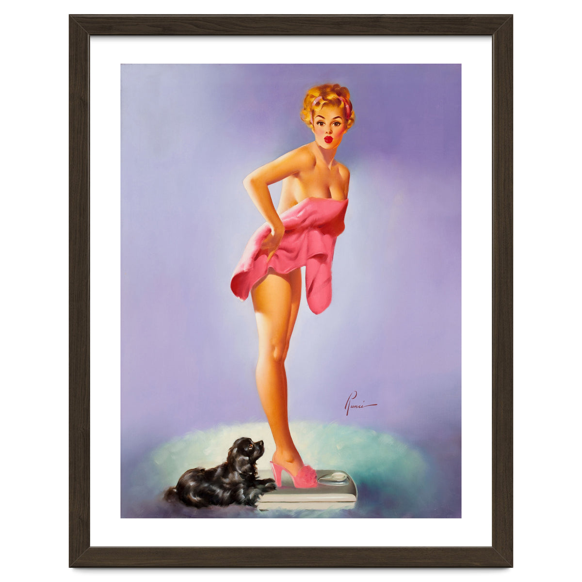 Pinup Girl On A Scale With Her Little Black Dog Behind