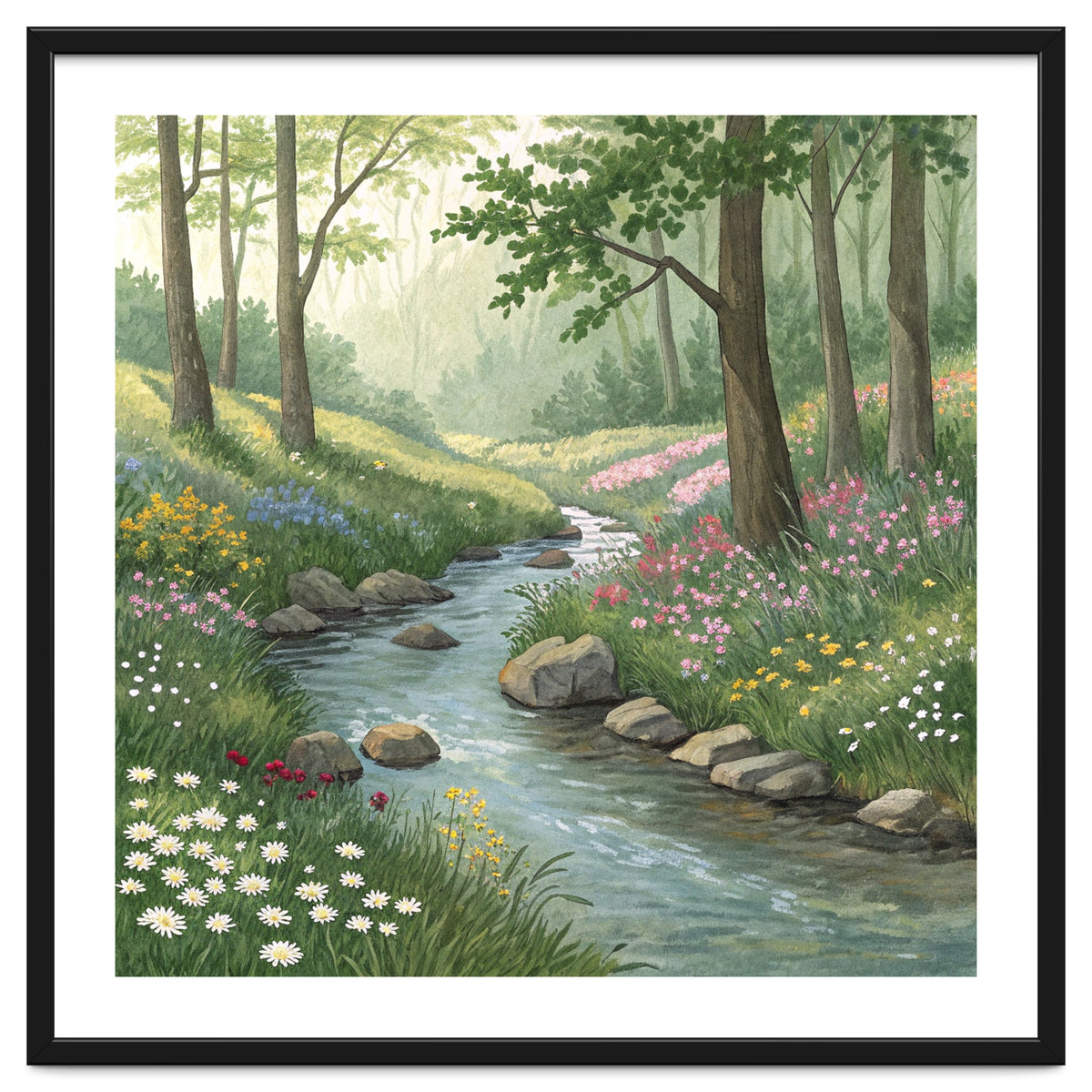 Vibrant Forest Stream Watercolor Painting