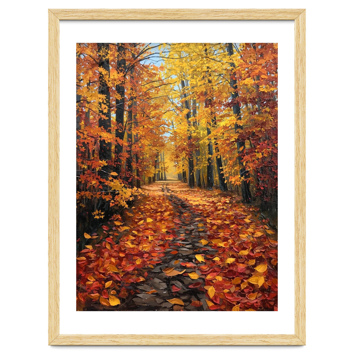 Sun-Drenched Golden Forest Path with Vibrant Autumn Foliage