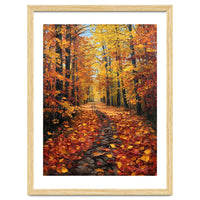 Sun-Drenched Golden Forest Path with Vibrant Autumn Foliage